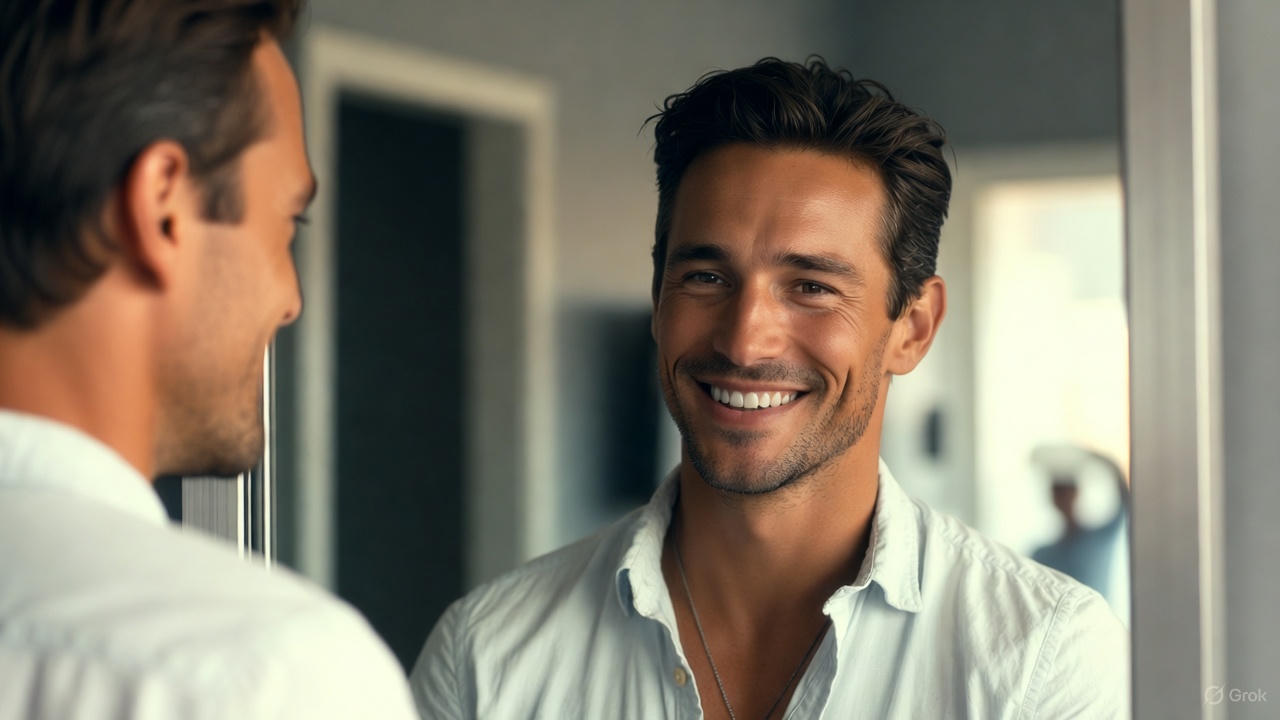 Man smiling while looking at his reflection in a mirror.