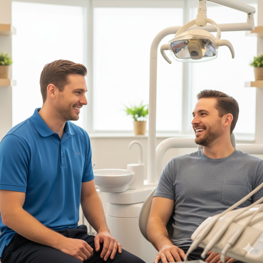 Dentist talking with a patient in a dental clinic.