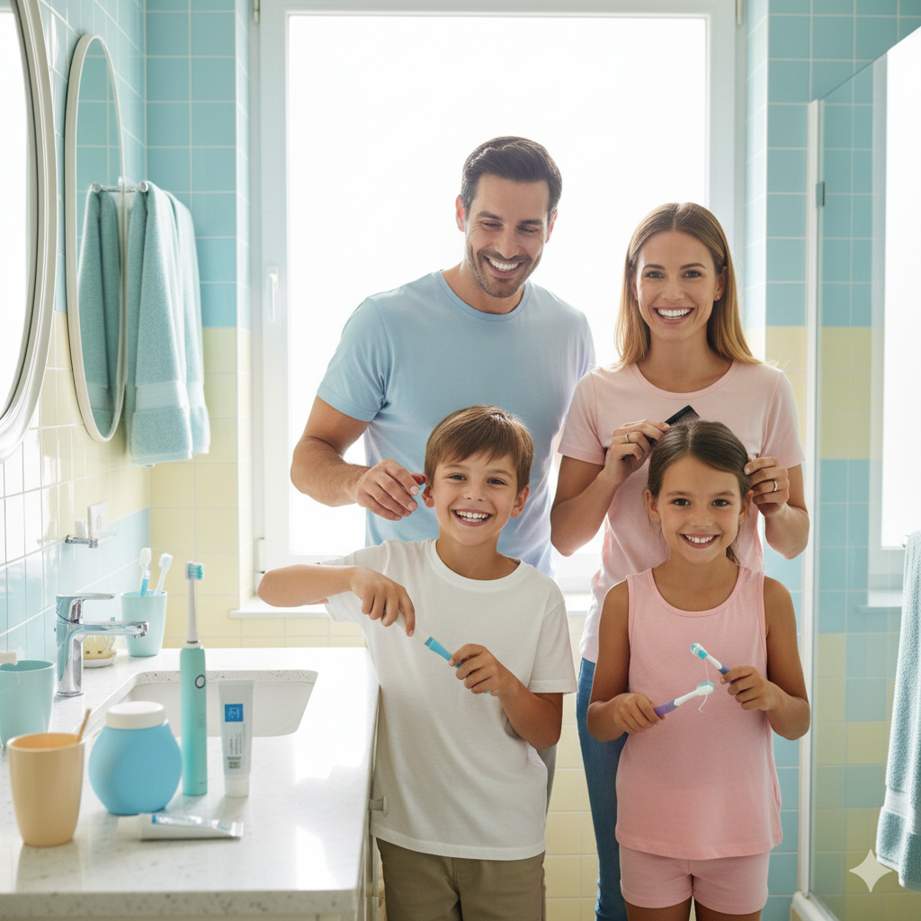 Smiling family in a bathroom helping their children brush their teeth.