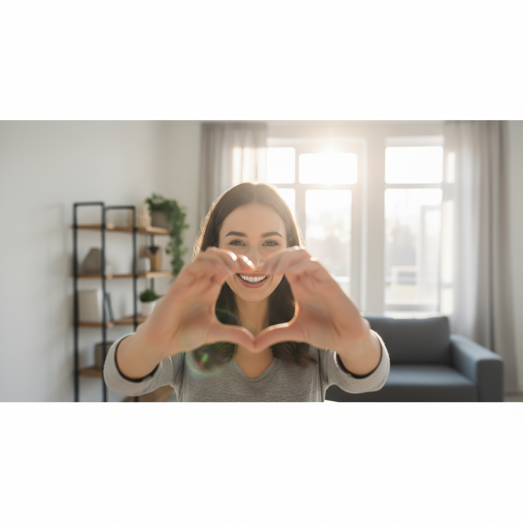 Smiling woman forming a heart shape with her hands.