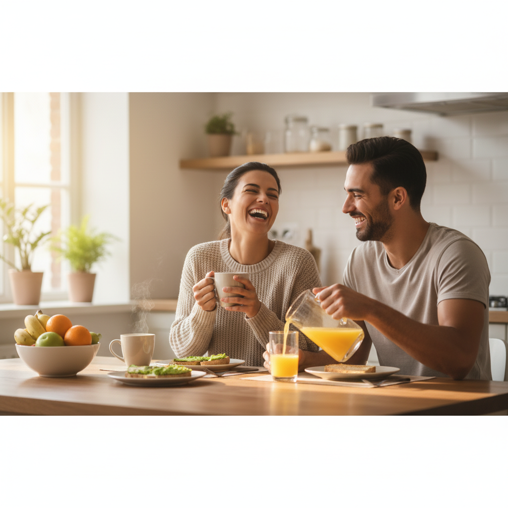 Couple enjoying breakfast together at a kitchen table, surrounded by plates of food and warm morning light.