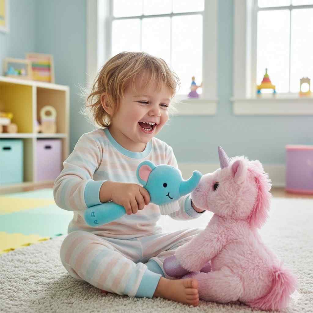 Happy toddler playing with stuffed toys in a bright room, representing comfort and a child-friendly environment